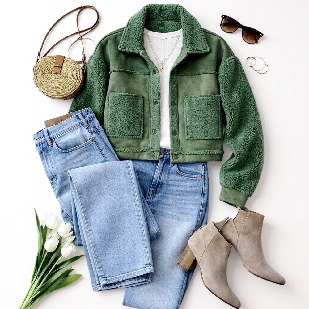 NWT Boutique Sherpa Faux Suede Jacket Green Size Large